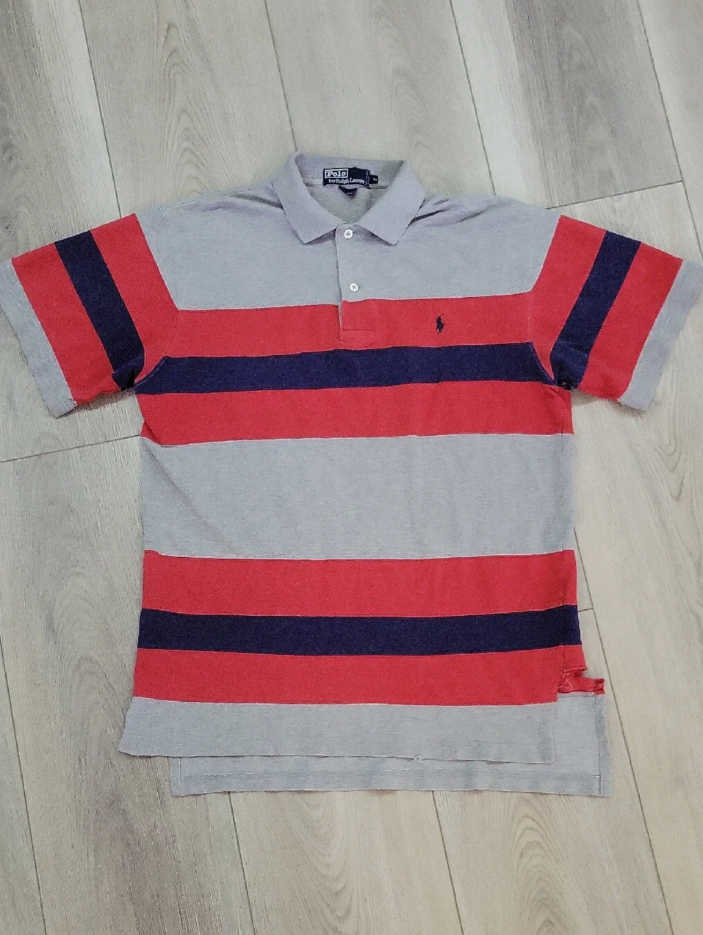 Ralph Lauren Gray Polo with Red and Navy Horizontal Stripes